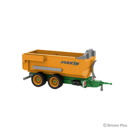BRIXIES Plus Joskin Trans-KTP shown from the front side with the green drawbar extending right, orange tipping body and JOSKIN branding visible