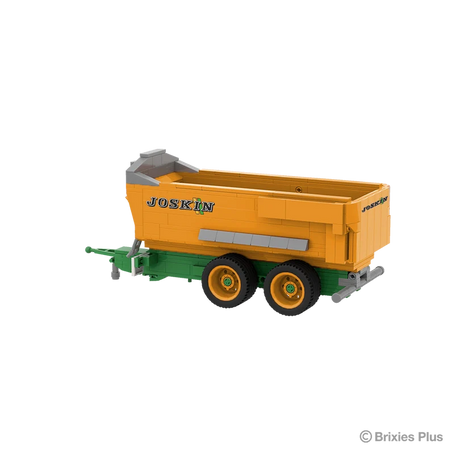 BRIXIES Plus Joskin Trans-KTP viewed from the rear side with the green drawbar extending left, orange tipping body and tandem axle running gear visible
