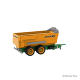 Rear angled view of the BRIXIES Plus Joskin Trans-KTP showing the orange trailer body, rear bumper, tandem wheels and drawbar extending right