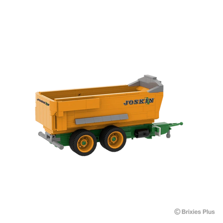 Rear angled view of the BRIXIES Plus Joskin Trans-KTP showing the orange trailer body, rear bumper, tandem wheels and drawbar extending right