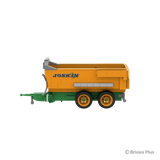 BRIXIES Plus Joskin Trans-KTP viewed from the rear side with the green drawbar extending left, orange tipping body and tandem axle running gear visible
