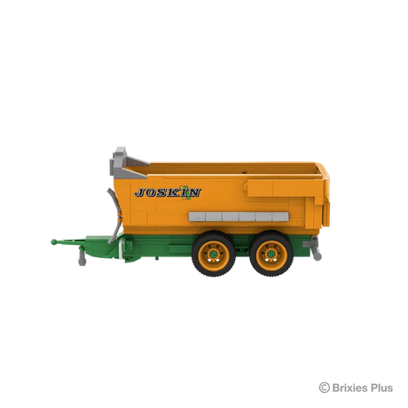 BRIXIES Plus Joskin Trans-KTP viewed from the rear side with the green drawbar extending left, orange tipping body and tandem axle running gear visible