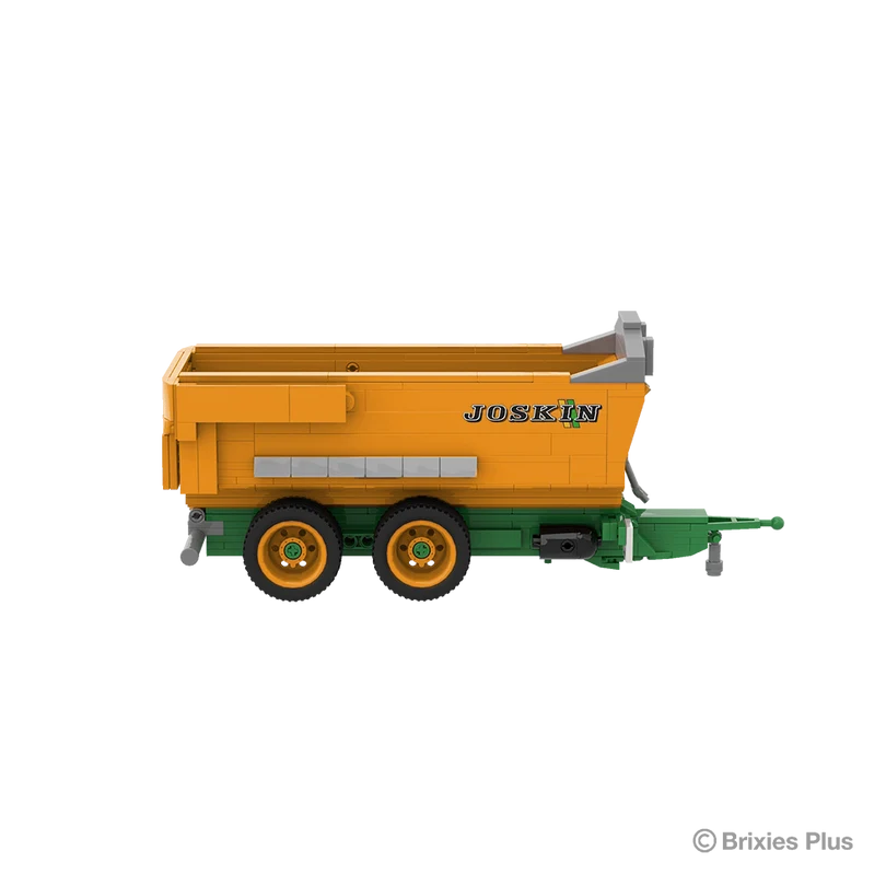 BRIXIES Plus Joskin Trans-KTP in full side profile with the orange body, JOSKIN logo, tandem axle wheels and green drawbar extending right