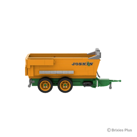 BRIXIES Plus Joskin Trans-KTP in full side profile with the orange body, JOSKIN logo, tandem axle wheels and green drawbar extending right