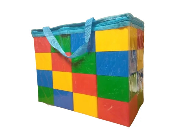 Jumbo building blocks packed inside a transparent carry bag with bright block pattern panels on a white background