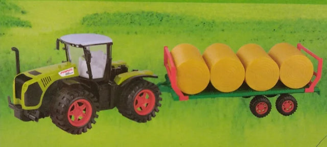 Jumbo Tractor and Trailer Toy Set with four yellow hay bales on green field background