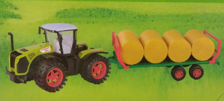 Green tractor with red wheels pulling a trailer loaded with round yellow hay bales