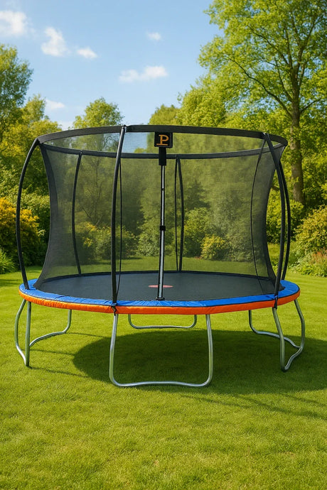 Jump Power 13ft trampoline with safety enclosure shown on grass with blue mat and orange edge padding