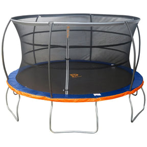Jump Power 13ft trampoline with safety enclosure, blue mat, orange edge padding and grey frame