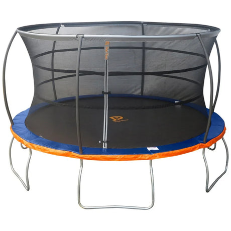 Jump Power 13ft trampoline with safety enclosure, blue mat, orange edge padding and grey frame