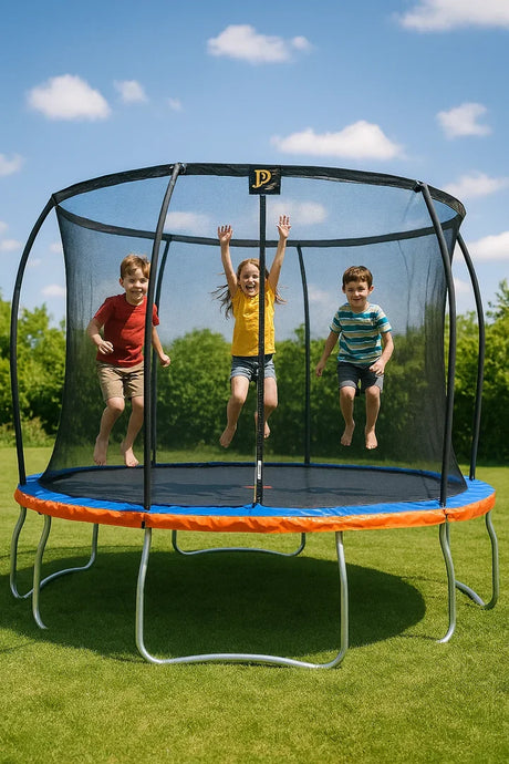 Jump Power 13ft trampoline with safety enclosure and three children inside on the blue mat