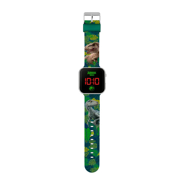 Jurassic World LED watch with silver casing, red digital display and green strap featuring roaring dinosaurs in Ireland.