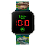 Close-up of Jurassic World LED watch dial with bright red time display and vivid dinosaur graphics in Ireland.