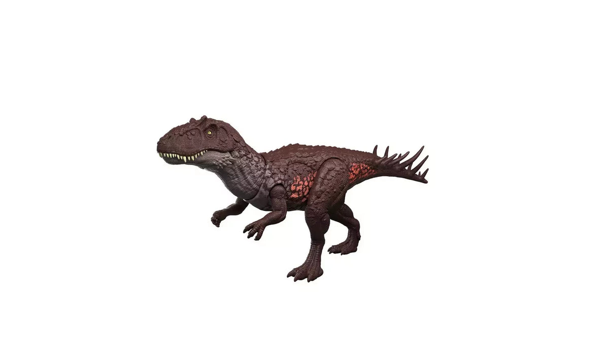 Jurassic World Wild Roar Metriacanthosaurus showing red side markings, long tail and back spines