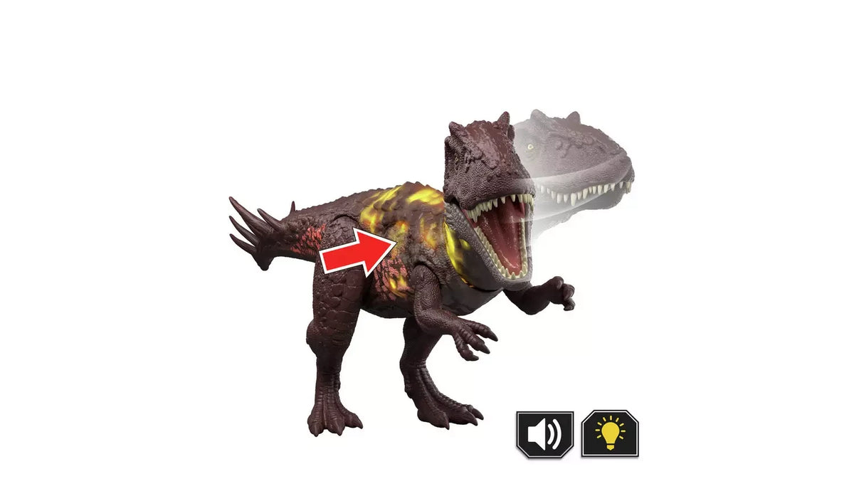 Jurassic World Wild Roar Metriacanthosaurus roaring with open jaws and yellow body lights