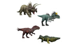 Jurassic World Wild Roar Metriacanthosaurus pictured with three green and grey Jurassic World dinosaurs