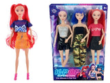 Red-haired K-Pop Superstars doll shown beside boxed three doll pack with 3+ age mark