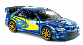 Blue Subaru Impreza WRC 2007 diecast car with yellow rally graphics and gold wheels