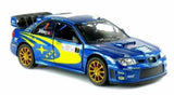 Blue Subaru rally car diecast model shown in side angle view with rear wing and bonnet scoop
