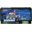 Blue toy pistol and machine gun with grey handcuffs inside the SWAT playset box