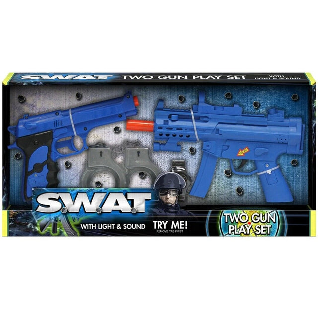 Blue toy pistol and machine gun with grey handcuffs inside the SWAT playset box