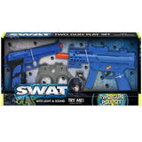 Front of the KandyToys SWAT 2 Gun Playset box with blue toy guns, handcuffs, and watch