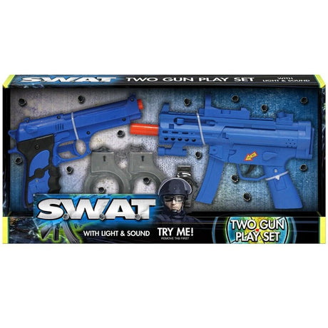 Front of the KandyToys SWAT 2 Gun Playset box with blue toy guns, handcuffs, and watch