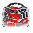 Front of the KandyToys tool set carry case with red and grey pretend tools inside