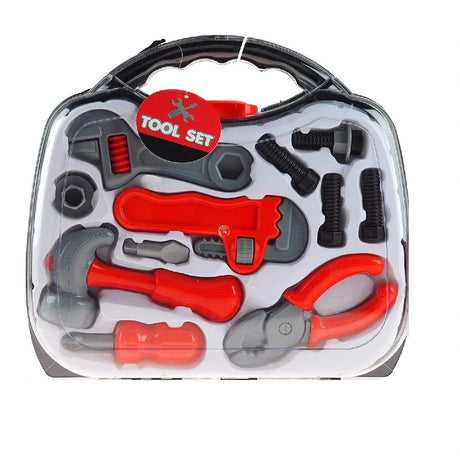 Tool set carry case with spanner, bolts, nuts, and red handled tools visible