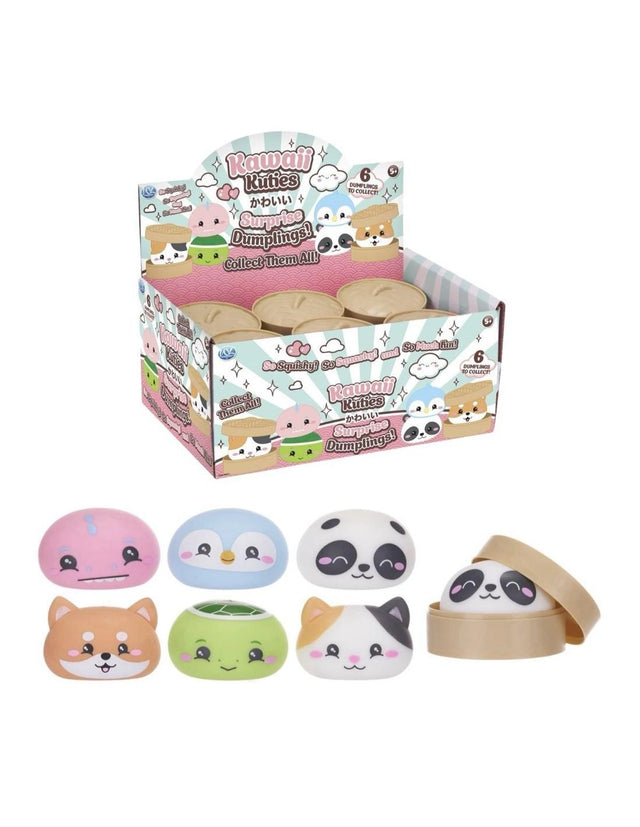 Kawaii Kuties Surprise Dumplings six colourful squishy characters displayed below the retail box