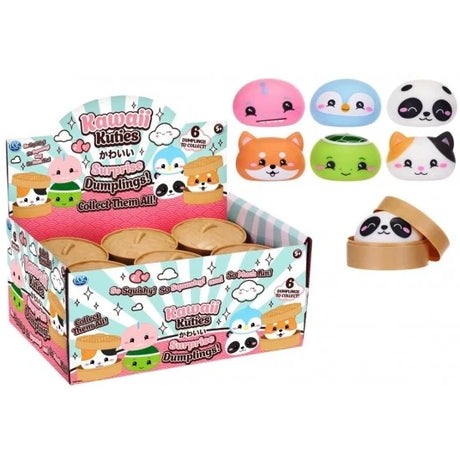 Kawaii Kuties Surprise Dumplings six squishy character designs with retail display box and open dumpling container