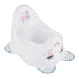 Keeeper Peppa Pig potty shown from front angle with rounded seat, high backrest, integrated splash guard and Peppa Pig graphics on the inner bowl