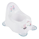 Keeeper Peppa Pig potty shown from front angle with rounded seat, high backrest, integrated splash guard and Peppa Pig graphics on the inner bowl