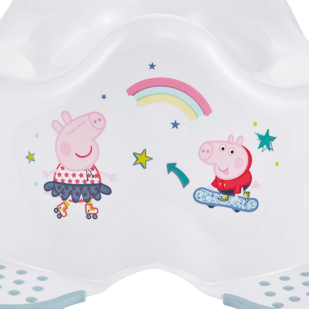 Keeeper Peppa Pig potty top view showing contoured seat opening, integrated splash guard and permanent Peppa Pig character graphics inside the bowl