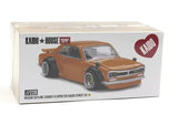 Kaido House Nissan Skyline 2000 GT-R KPGC10 Kaido Street V2 collector box showing printed Safari Gold model artwork, Kaido House and MINI GT logos and model number 228