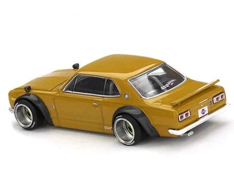 Rear three quarter view of Kaido House Nissan Skyline 2000 GT-R Kaido Street V2 showing four rectangular taillights, chrome rear bumper, raised spoiler and wide rear tyres