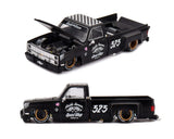 Kaido House Chevrolet Silverado Dually Hot Rod V1 showing the open bonnet with miniature engine details, chrome front grille, black wheels with gold rims and white 525 graphics