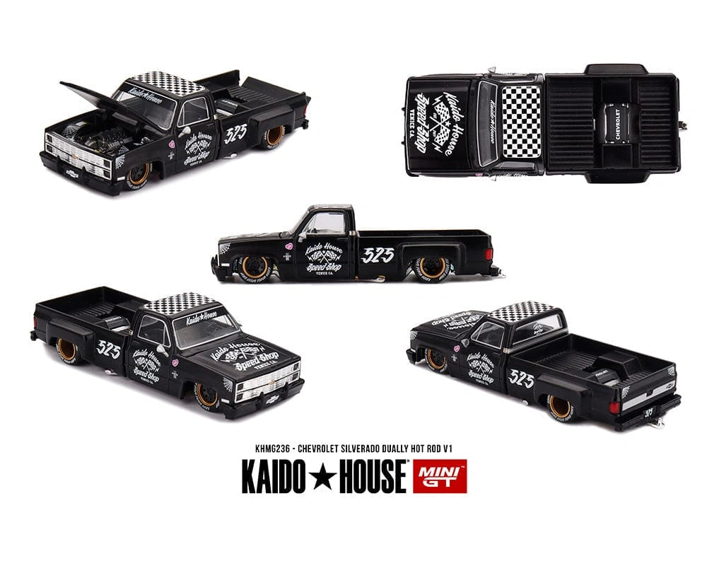 Kaido House Chevrolet Silverado Dually Hot Rod V1 in flat black, showing five views of the lowered pickup truck with its opening bonnet, chequered roof, Speed Shop graphics and gold rimmed wheels