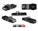Kaido House Chevrolet Silverado Dually Hot Rod V1 in flat black, showing five views of the lowered pickup truck with its opening bonnet, chequered roof, Speed Shop graphics and gold rimmed wheels