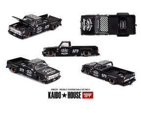 Kaido House Chevrolet Silverado Dually Hot Rod V1 in flat black, showing five views of the lowered pickup truck with its opening bonnet, chequered roof, Speed Shop graphics and gold rimmed wheels