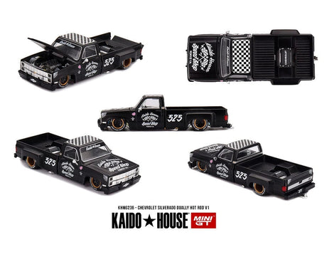 Kaido House Chevrolet Silverado Dually Hot Rod V1 promotional image showing overhead, front, side and rear views, with the black and white chequered roof, open bonnet and 525 graphics