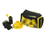 Black and yellow Kickmaster backpack with yellow footballs inside, yellow training cone, black shin pad and black drinks bottle