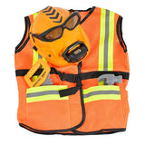 Children’s construction vest with matching helmet, toy tools and goggles arranged for play display.