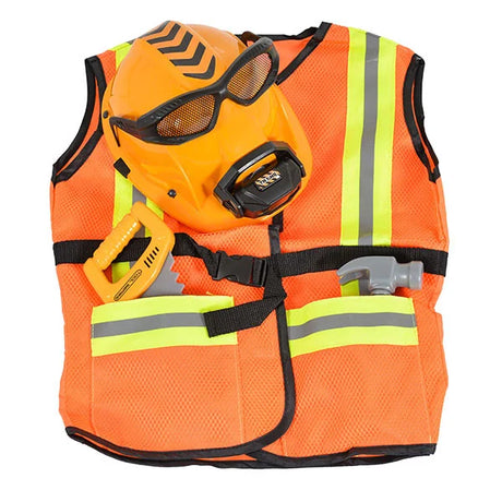 Children’s construction vest with matching helmet, toy tools and goggles arranged for play display.