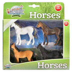 Kids Globe 1:32 Farming Horses 4 Pack with four horse figures visible in the box
