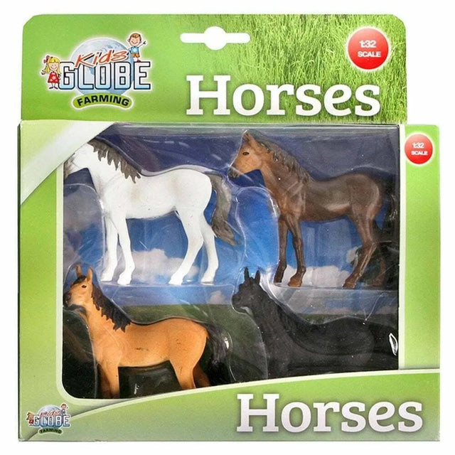 Kids Globe 1:32 Farming Horses 4 Pack with four horse figures visible in the box