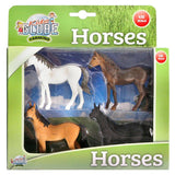 Kids Globe 1:32 Farming Horses 4 Pack shown in green boxed packaging