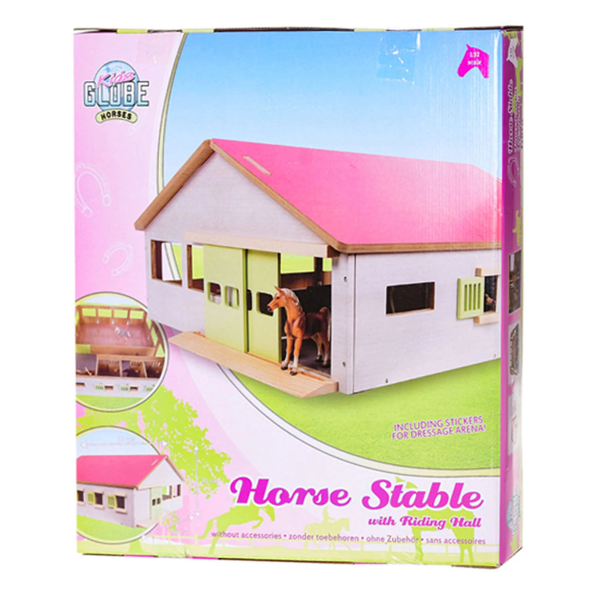Kids Globe 1:32 Pink Horse Stable shown in pink boxed packaging