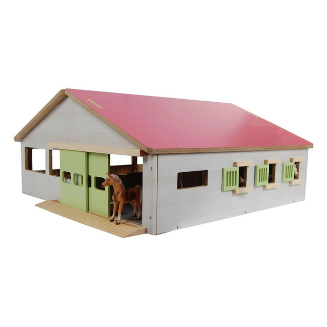 Kids Globe 1:32 Pink Horse Stable front angle view with green doors, pink roof and horse figure