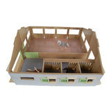 Kids Globe 1:32 Pink Horse Stable shown from above with open roof, horse boxes and riding area visible